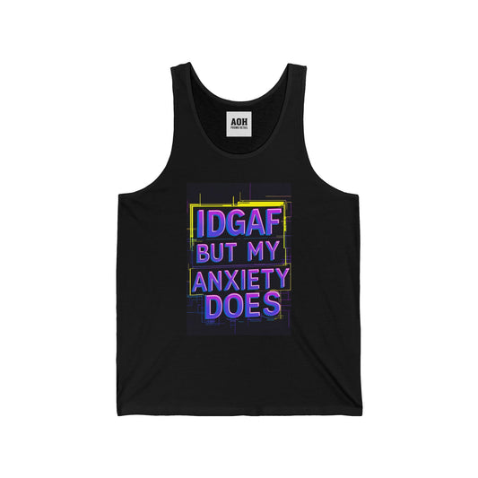 Unisex Jersey Tank Top, IDGAF Anxiety Shirt, Relaxed Fit Muscle Tee, Casual Summer Wear, Gift for Friends
