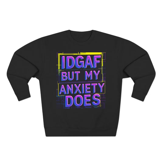 Bella Badass No. 999 'IDGAF But My Anxiety Does' Unisex Anxiety Sweatshirt | IDGAF but My Anxiety Does | Cozy Humor Sweater for Stress Relief, Casual Wear, Gift for Friends