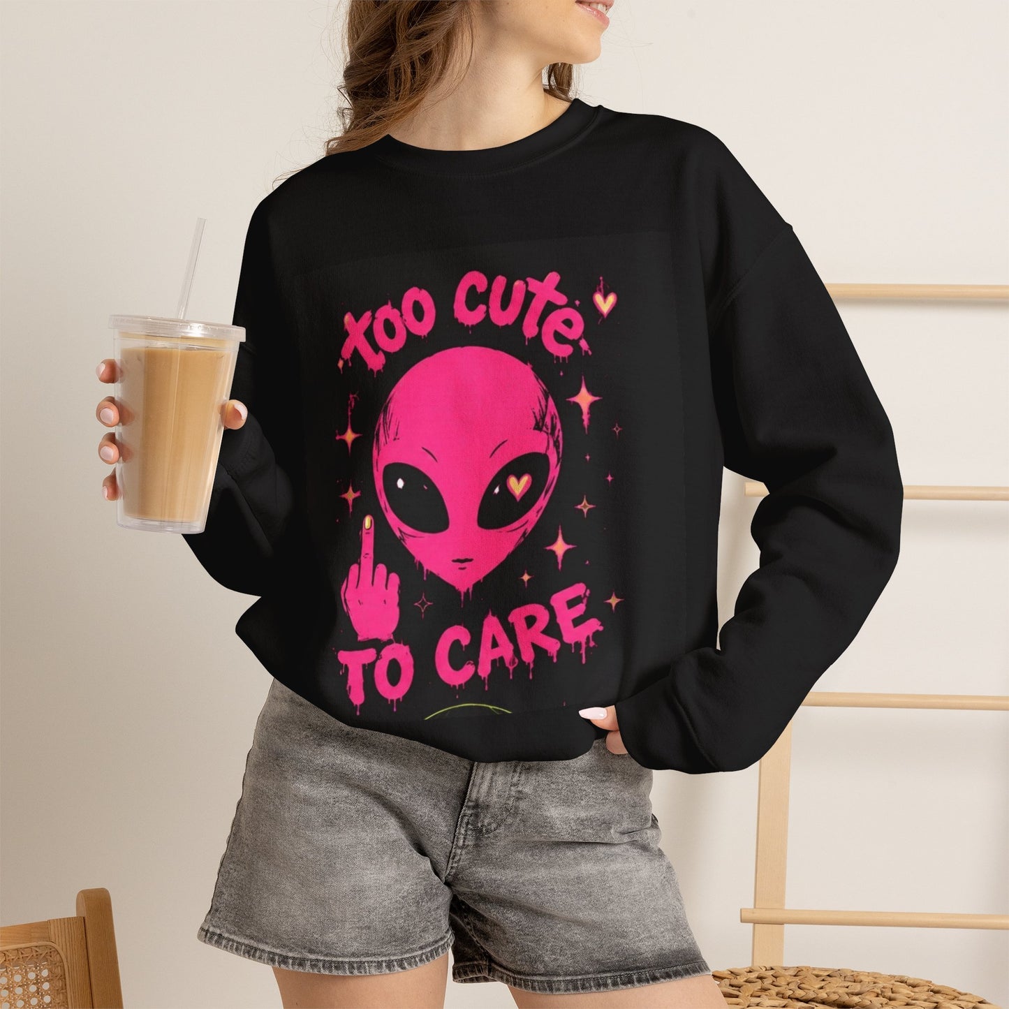 “Too Cute to Care” Alien 👽 Collective- Bella Badass 999- Unisex Heavy Blend™ Crewneck Sweatshirt