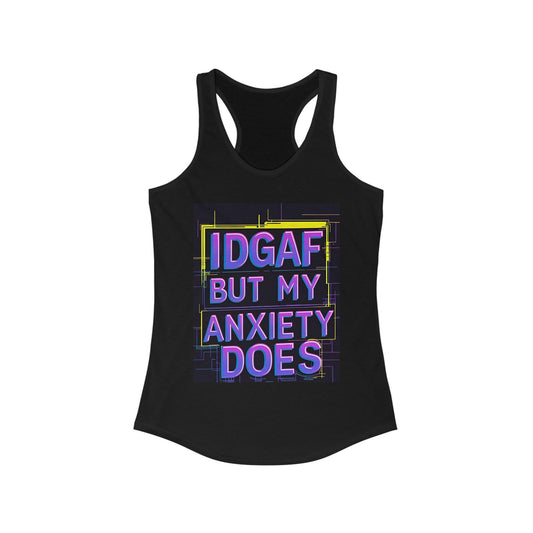 Bella Badass- IDGAF Anxiety Women's Racerback Tank, Funny Workout Tank, Casual Tee, Gift for Gym Lovers, Anxiety Awareness Shirt