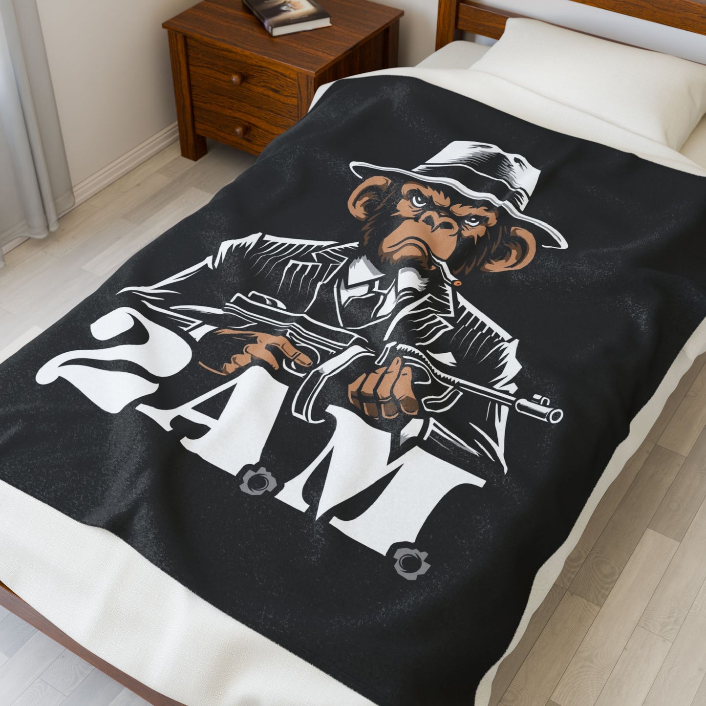 2 A.M. Gangster Monkey Velveteen Plush Blanket | Cozy Throw, Unique Gift for Home, Movie Night, Chill Vibes, Perfect for All Occasions